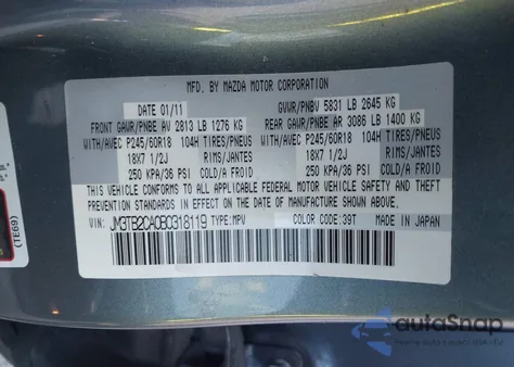 2011 Mazda Cx-9 Touring from USA, damaged, VIN JM3TB2CA0B0318119